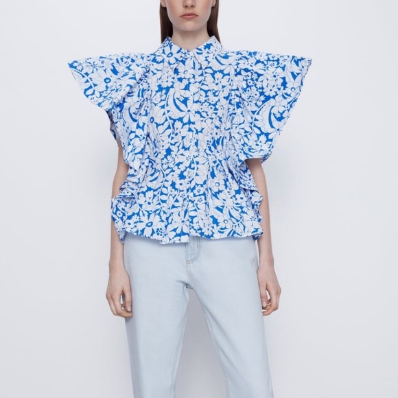 ZARA BNWT Blue/White Printed Poplin Cotton Top with Ruffled Sleeves Size M - Picture 6 of 9